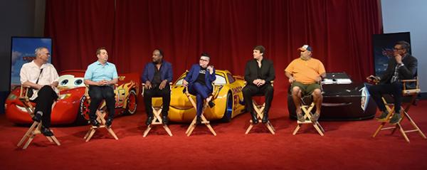 (L-R) Producer Kevin Reher, director Brian Fee, actors Kerry Washington, Armie Hammer, Cristela Alonzo, Owen Wilson, and Ray Evernham speak at the "Cars 3" Press Conference at Anaheim Convention Center on June 10, 2017 in Anaheim, California. (Photo by Alberto E. Rodriguez/Getty Images for Disney)