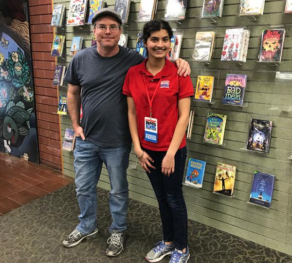 Manat with science-fiction writer Andy Weir at the Sunnyvale Public Library in California