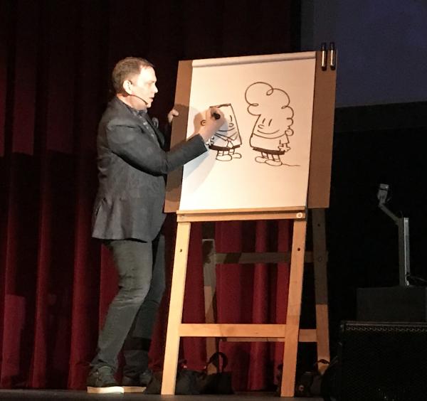 Dav Pilkey draws a picture of George and Harold who are best friends in his Captain Underpants series.