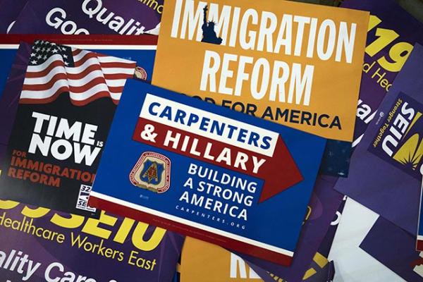 Campaign buttons at the Clinton rally the day after Super Tuesday