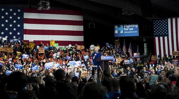 Clinton addresses the crowd at the Javits Center in New York City