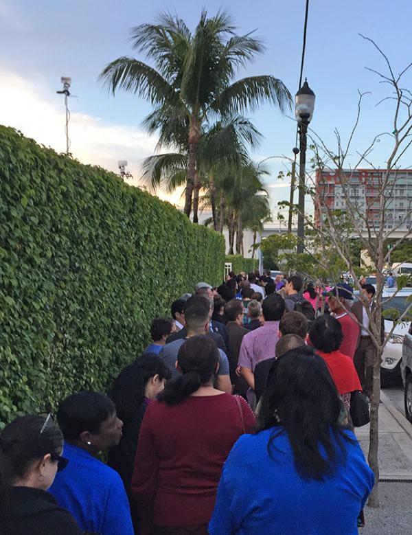 A crowd waits to see Hillary Clinton in Miami, Florida, on Super Tuesday.