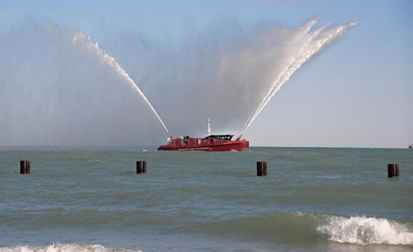This Chicago Fire Department boat fired its water cannons as Polar Plungers braved Lake Michigan's near-freezing waters to raise money for Special Olympics Chicago.