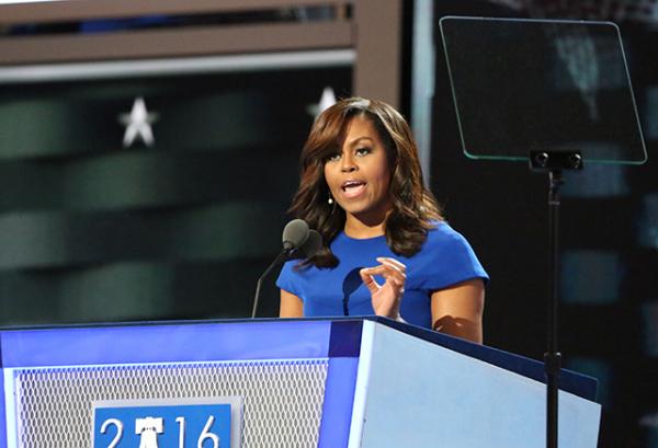 First lady Michelle Obama, speaking at the Democratic National Convention in Philadelphia, Pa., tells the audience, ‘Don’t let anyone ever tell you that this country isn’t great.’