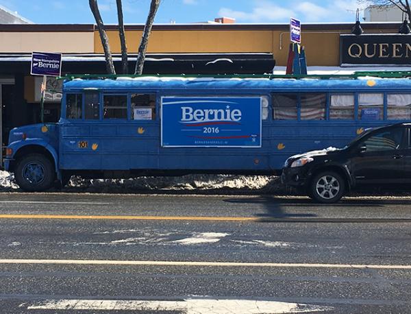 A Bernie Sanders bus in Manchester, NH