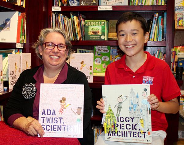 Max and children's author Andrea Beaty at The Blue Bunny Bookstore in Dedham, MA