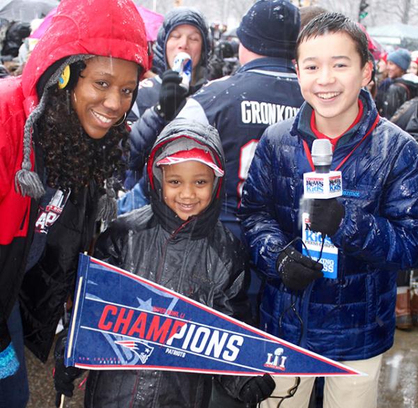 Max with Patriots fans before the parade begins