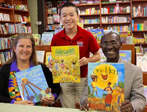 Max with Katie Smith Milway and Kwabeno "Kojo" Darko at Wellesley Books in Wellesley, Massachusetts