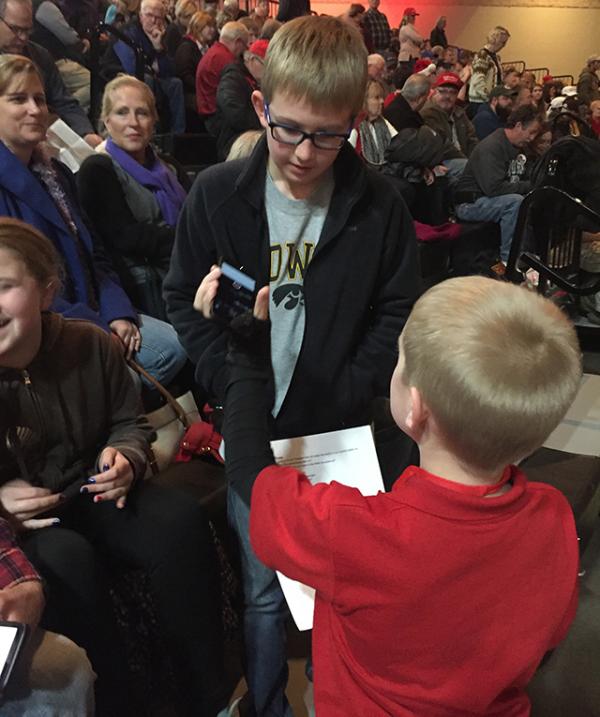 Anthony Fugere, 9, from Ames, Iowa discussing why he came to tonight’s rally. 