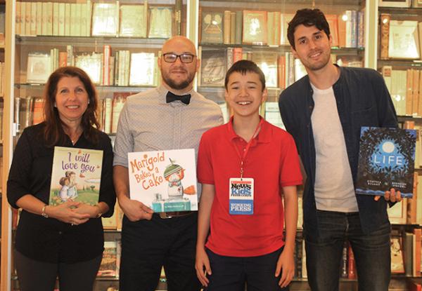 Max with picture book authors and illustrators at Books of Wonder in New York (left to right: Alyssa Satin Capucilli, Mike Malbrough, Max, and Brendan Wenzel)