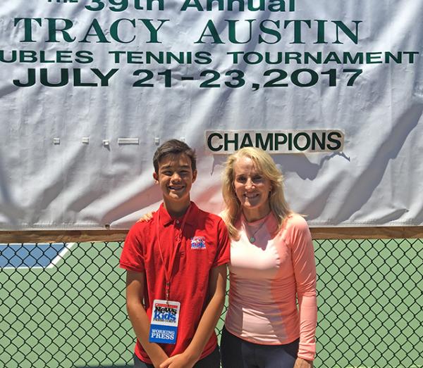 Kid Reporter Ben Jorgensen with Tracy Austin at the Jack Kramer Club in Palos Verdes, CA, home of the Tracy Austin Doubles Tournament.