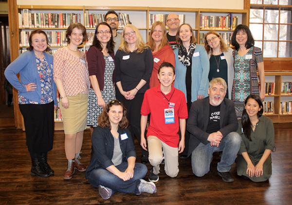  children's authors Jarrett Lerner, Rob Vlock, Erin Petti, Ammi-Joan Paquette, Anna Staniszewski, Lee Gjertsen Malone, Monica Tesler, MarcyKate Connolly, Tui Sutherland, Victoria Coe, Katie Slivenski, Max (Scholastic Kid Reporter), Katie Slivensky, Peter H. Reynolds, and Susan Tan