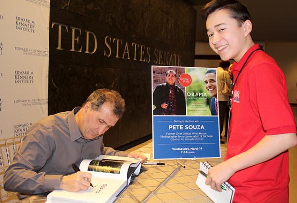 Pete Souza signs book for Max at the Edward M. Kennedy Institute in Boston, Massachusetts