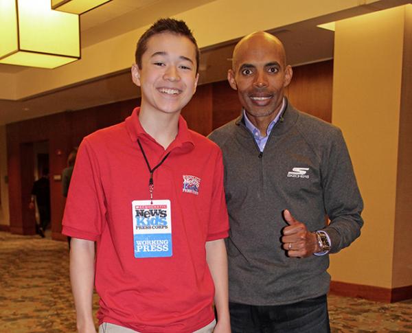 Max and Meb Keflezighi at pre-Boston Marathon event, sponsored by Generation UCAN, at the Westin Hotel in Boston's Seaport District