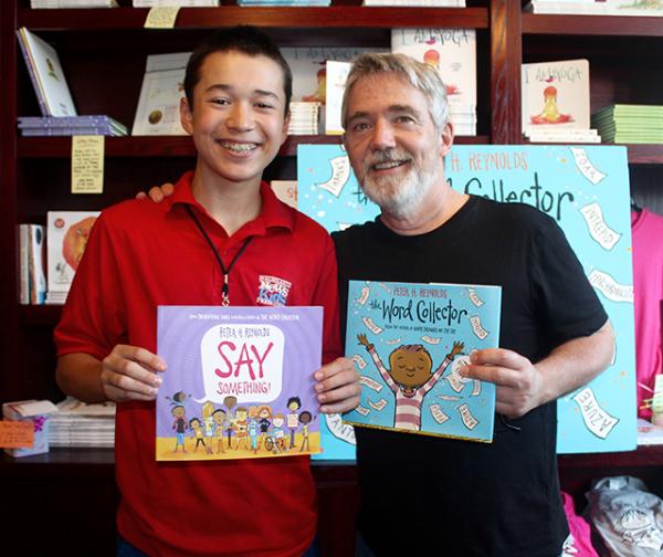 Max and children's author and illustrator Peter H. Reynolds at the Blue Bunny Bookstore in Dedham, MA