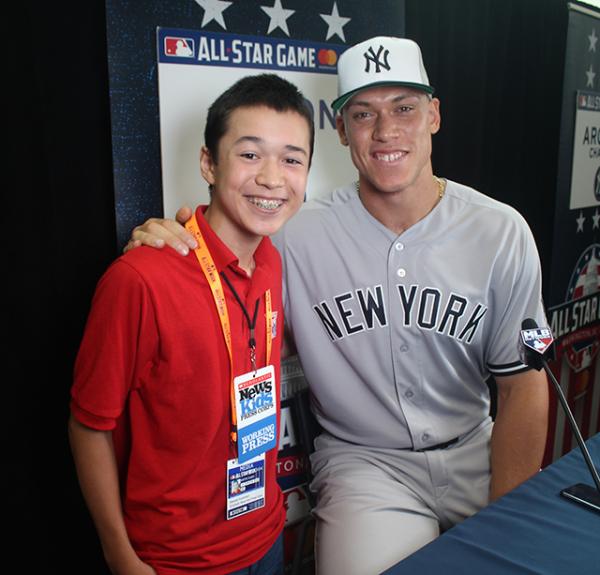 Max interviews New York Yankees homerun hitter Aaron Judge about #ICANHELP at media day before the MLB All-Star Game at Nationals Park in Washington D.C.