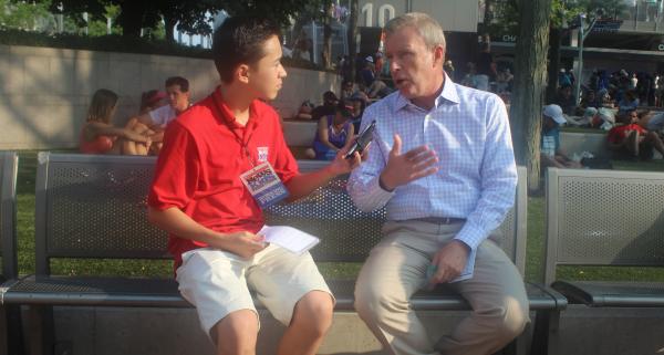 Max interviews ESPN reporter Tom Rinaldi about The Red Bandana in New York City