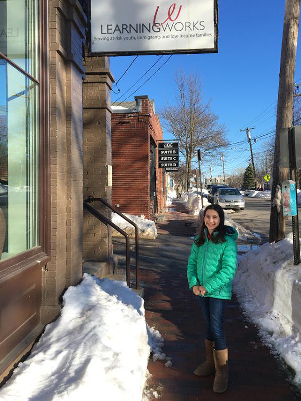 Caroline outside the offices of LearningWorks