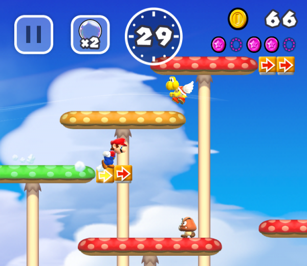 A screenshot of Mario confronting obstacles in Super Mario Run's third level