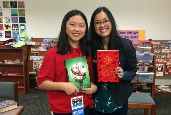 Teresa gets writing tips from fantasy author Julie C. Dao at Smith Middle School in Chapel Hill, North Carolina. Photo courtesy of the author
