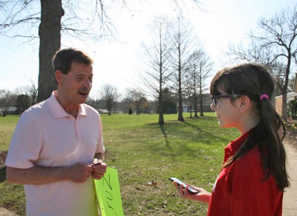 Esther interviews voter Craig Fenton in St. Louis, Missouri.