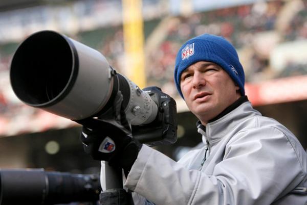 Josefczyk bundled up to photograph a Cleveland Browns NFL game in Ohio.