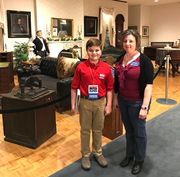 Nolan with Kim Kenney, Assistant Director & Curator.  In the McKinley Gallery guests view a large display of the home furnishings of the twenty-fifth president, along with a talking animatronic of McKinley and his wife Ida.