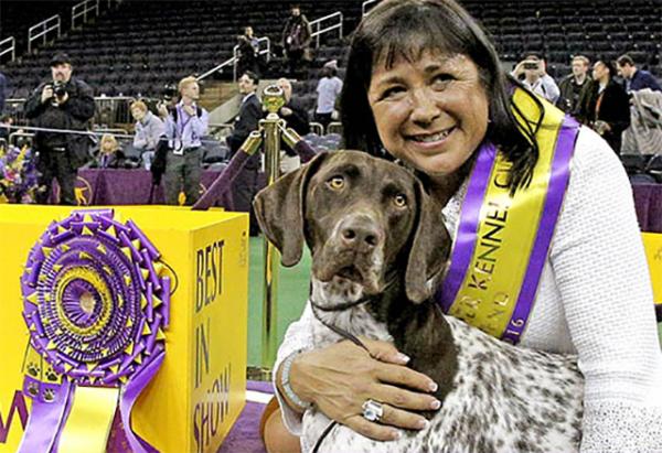 Valerie Nunes-Atkinson poses with her dog C.J. after their win at the Westminster show on February 16. C.J.’s full name is California Journey. He is the third German shorthaired pointer in the show’s history to take top honors.