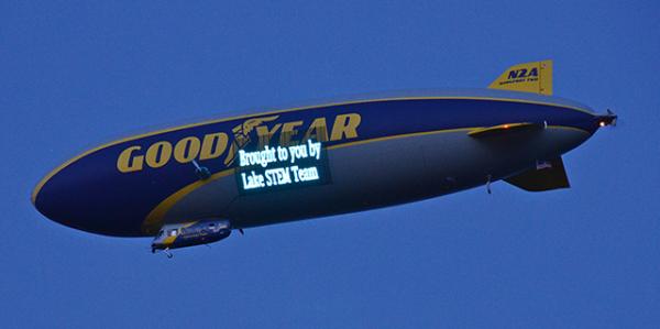 A message from computer science students at Lake High School in Uniontown, Ohio, who sometimes program messages on the blimp.