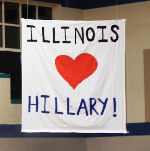 A banner greeting presidential candidate Hillary Clinton at the rally