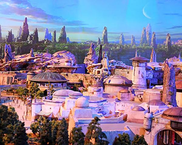 A model of a 14-acre theme area based on the Star Wars movie series. New attractions are slated to open in 2019 at Disneyland in California and Walt Disney World in Orlando, Florida. A model of a 14-acre theme area based on the Star Wars movie series. New attractions are slated to open in 2019 at Disneyland in California and Walt Disney World in Orlando, Florida.