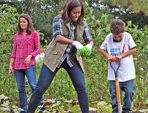 First Lady Michelle Obama helps a boy dig up sweet potatoes in the White House garden.