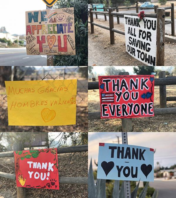 A collage of signs made by people in the community to express gratitude to first responders. (Photos by Simone Berkovitz)
