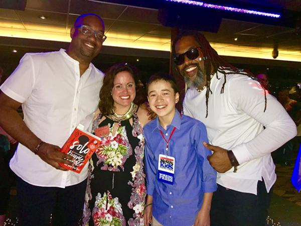 Max with Kwame Alexander, Mary Rand Hess, and Randy Preston on board the Odyssey for the Solo book launch in Chicago, Illinois. Max with Kwame Alexander, Mary Rand Hess, and Randy Preston on board the Odyssey for the Solo book launch in Chicago, Illinois.