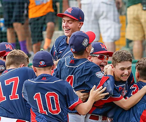 Members of the Maine-Endwell team celebrate after defeating South Korea in the 2016 Little League World Series championship game.