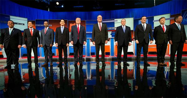 Who will be the Republican nominee? Left to right: New Jersey Governor Chris Christie, Florida Senator Marco Rubio, neurosurgeon Ben Carson, Wisconsin Governor Scott Walker, businessman Donald Trump, former Florida Governor Jeb Bush, former Arkansas Governor Mike Huckabee, Texas Senator Ted Cruz, Kentucky Senator Rand Paul, and Ohio Governor John Kasich.