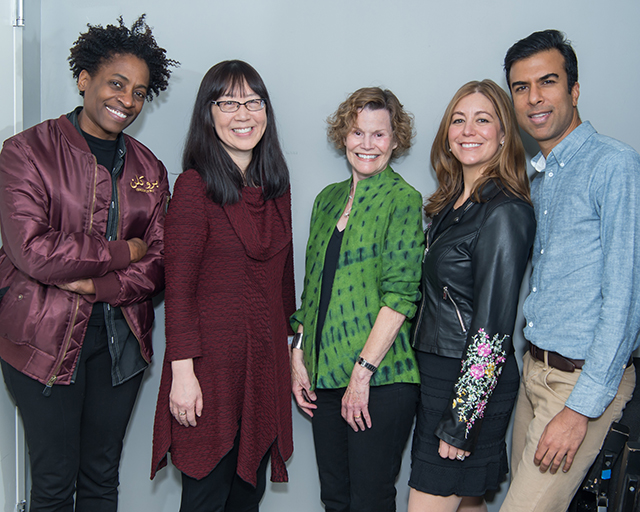 Left to right: Jacqueline Woodson, Debbie Ridpath Ohi, Judy Blume, Rachel Vail, and Soman Chainani celebrate Blume’s life at Symphony Space in New York City. 