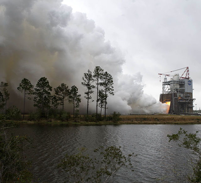 On March 10, NASA engineers conduct a successful test firing of RS-25 rocket engine No. 2059 on the A-1 Test Stand at Stennis. The hot fire marks the first test of an RS-25 flight engine for NASA’s new Space Launch System vehicle.