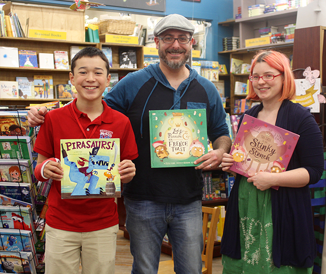 Max and Josh Funk and bookseller at Brookline Booksmith in Brookline, Massachusetts