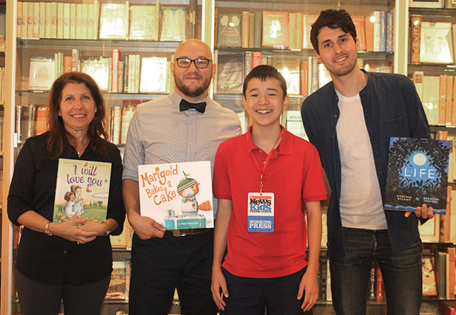Max with picture book authors and illustrators at Books of Wonder in New York (left to right: Alyssa Satin Capucilli, Mike Malbrough, Max, and Brendan Wenzel)