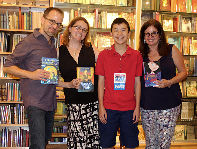 Max and middle grade fantasy authors at Books Of Wonder in New York (left to right: William Alexander, Tui T. Sutherland, Max, and Sarah Darer Littman)