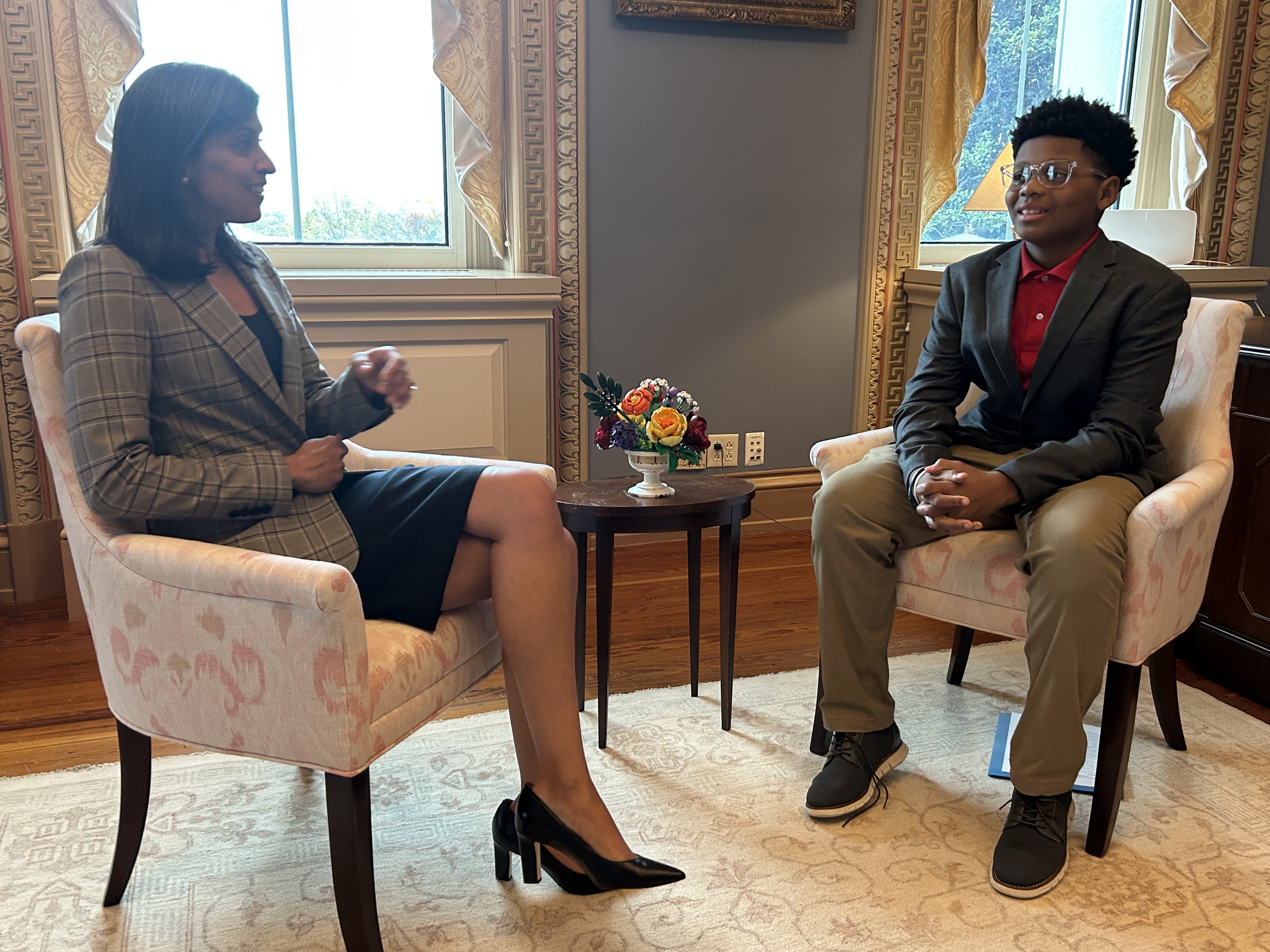 Scholastic Kid Reporter Xander Dorsey interviewing Second Lady Usha Vance