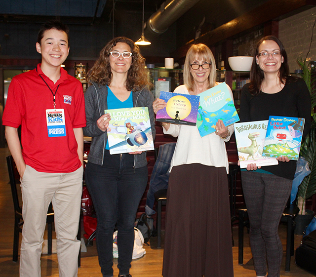 Max with picture book authors (right to left) Allison Goldberg, Carol Gordon Ekster and Anna Staniszewski at The Blue Bunny Bookstore in Dedham, Massachusetts