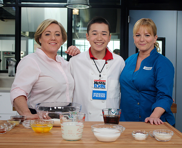 Maxwell with America's Test Kitchen co-hosts Julia Collin Davison and Bridget Lancaster at their studio in Boston, Massachusetts