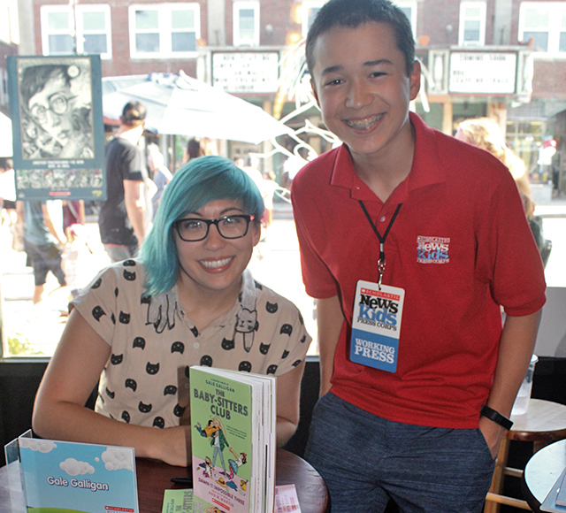 Maxwell and cartoonist Gale Galligan catch up at the Scholastic Reading Road Trip at Blue Bunny Books in Dedham, Massachusetts.