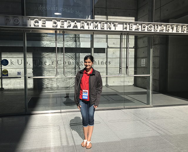 Manat Kaur standing outside the San Francisco Police Department headquarters. 