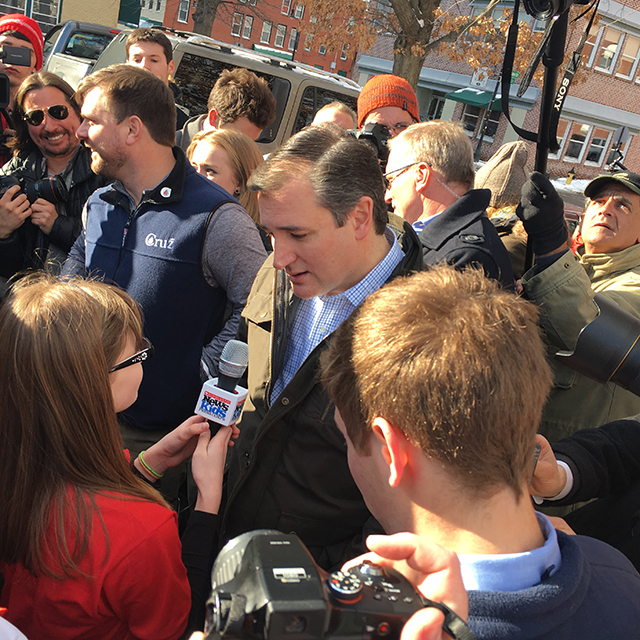 Kaitlin interviews Republican candidate Ted Cruz outside the Red Arrow Diner in Manchester, New Hampshire.