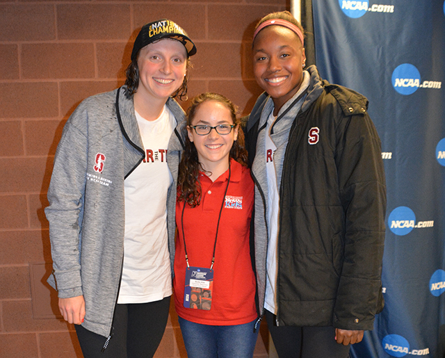 Sadie with Stanford's Katie Ledecky (left) and Simone Manuel (right), both Olympic gold medalists and NCAA champions.