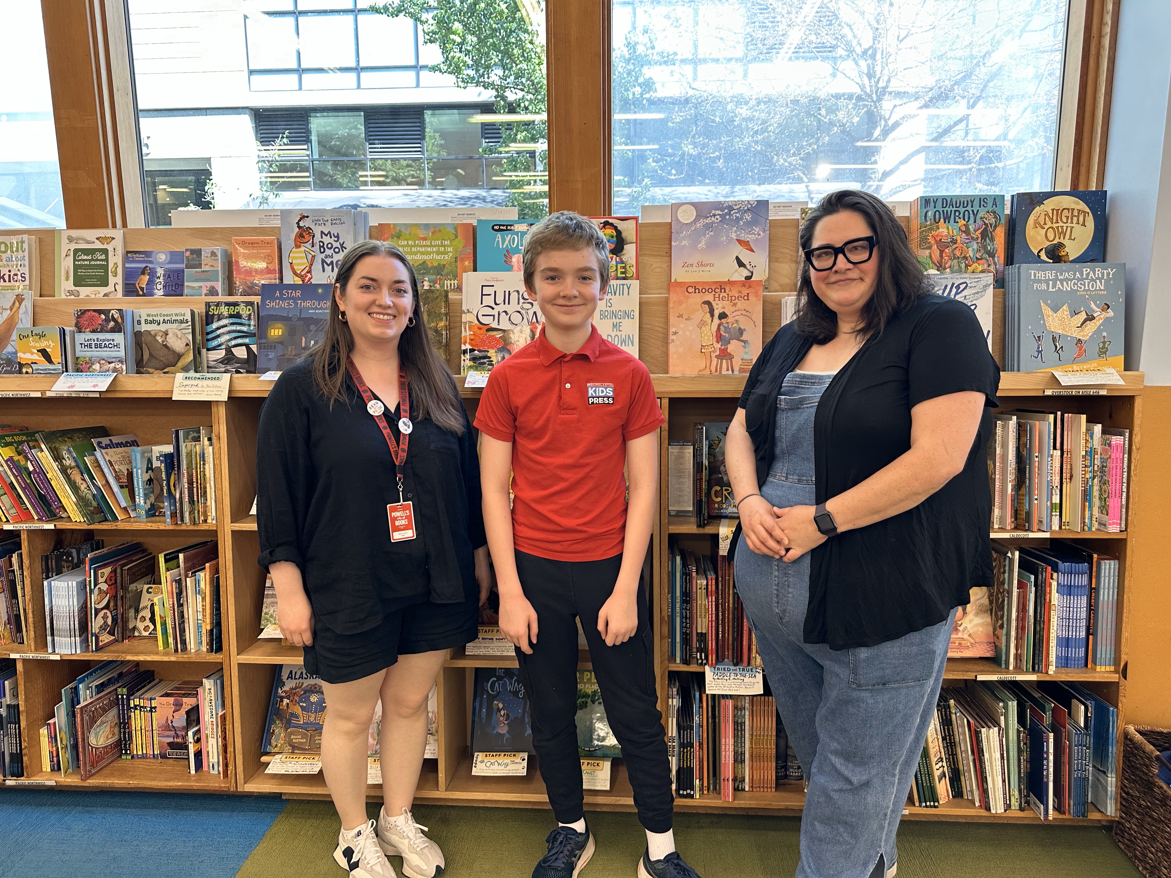 Scholastic Kid Reporter Owen Marksbury with Nancy Eyre and Bry Hoeg of Powell’s City of Books.  