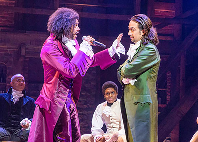 Daveed Diggs (front left), Lin-Manuel Miranda (front right), and other cast members perform in Miranda’s Hamilton: An American Musical at the Richard Rodgers Theater in New York City.